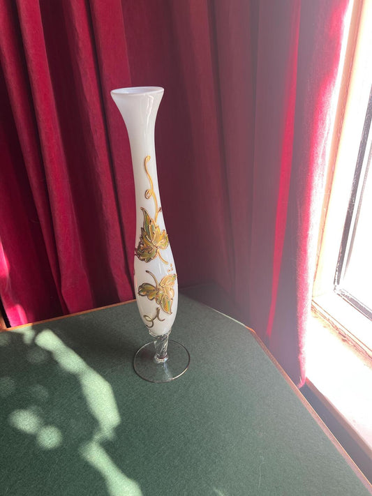 Victorian opaline glass vase. Hand painted gilt golden leaf decor. Victoriana collectors gift.