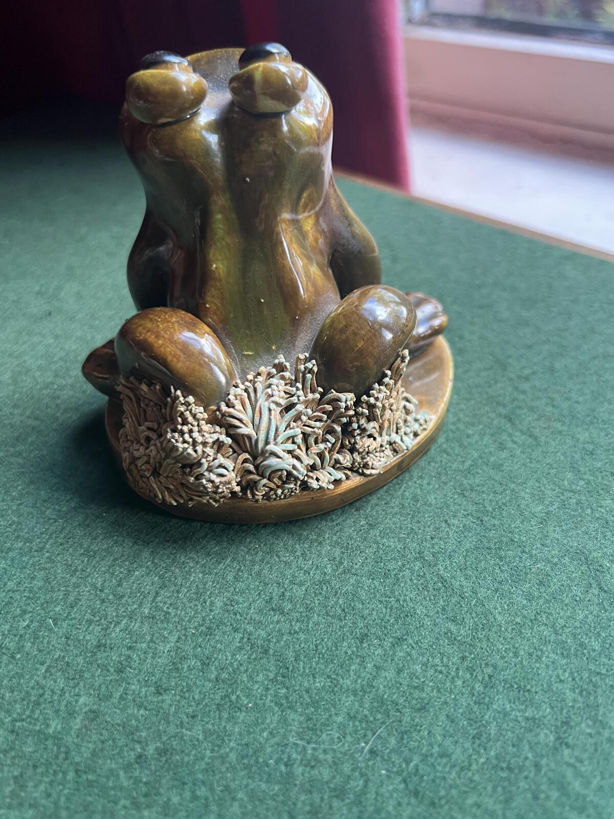 Studio pottery frog figurine. Quirky green glazed hand built frog. Signed by artist YD DG. Yare Designs Norfolk.