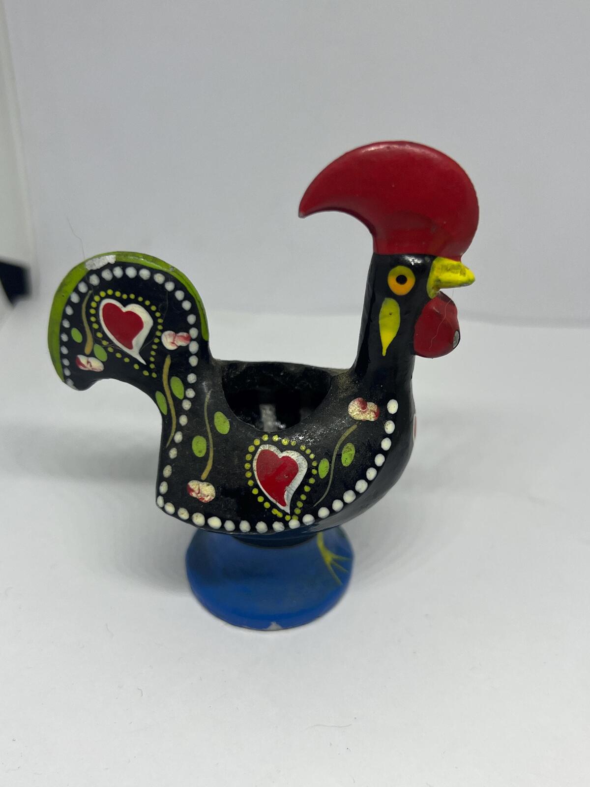 Miniature rooster candle holder. Portuguese folk art Galo de Barcelos.