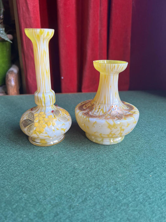 Pair of Welz Bohemian Lemon Yellow & White Spatter Glass Vases. Hand painted gold enamel details. Antique glass collector gift.