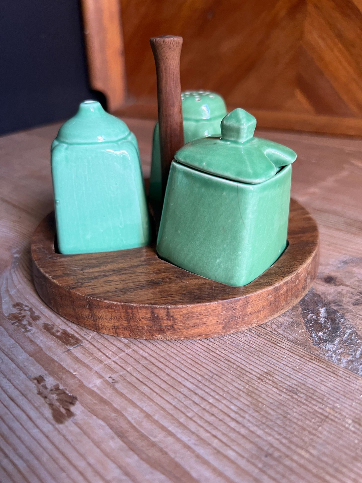 Vintage cruet set Green glaze salt pepper mustard pot on teak holder. Blackfriars Ware stamp.