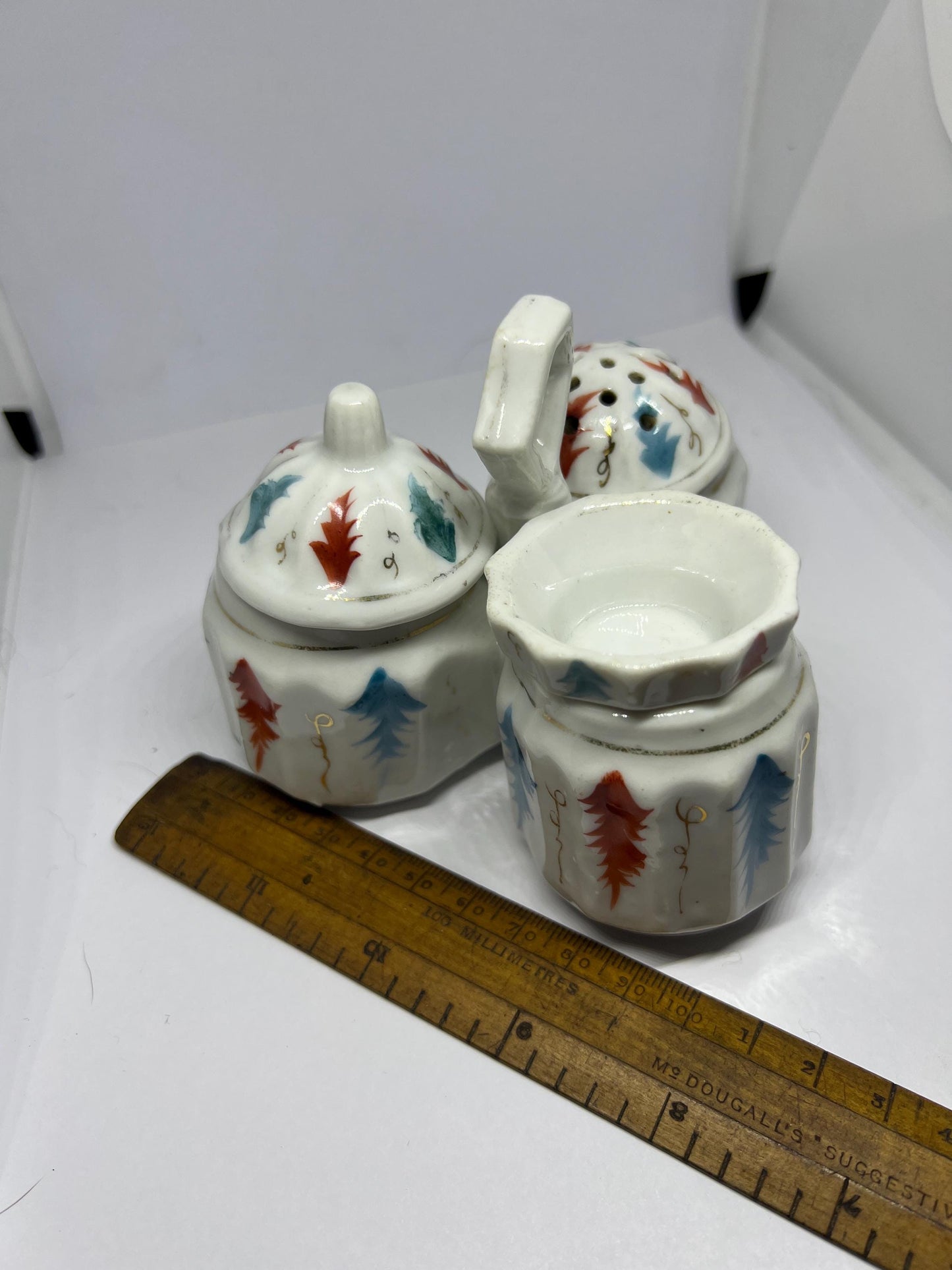 3 part lidded Salt pepper mustard trio.