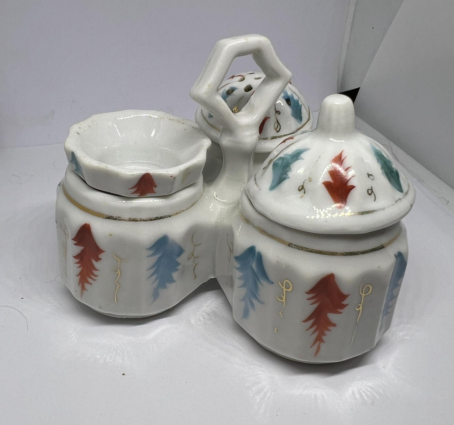 3 part lidded Salt pepper mustard trio.