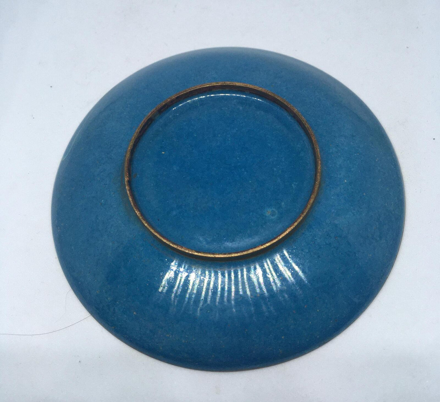 Cloisonné enamel trinket dish. Pink flowers blue and green details.
