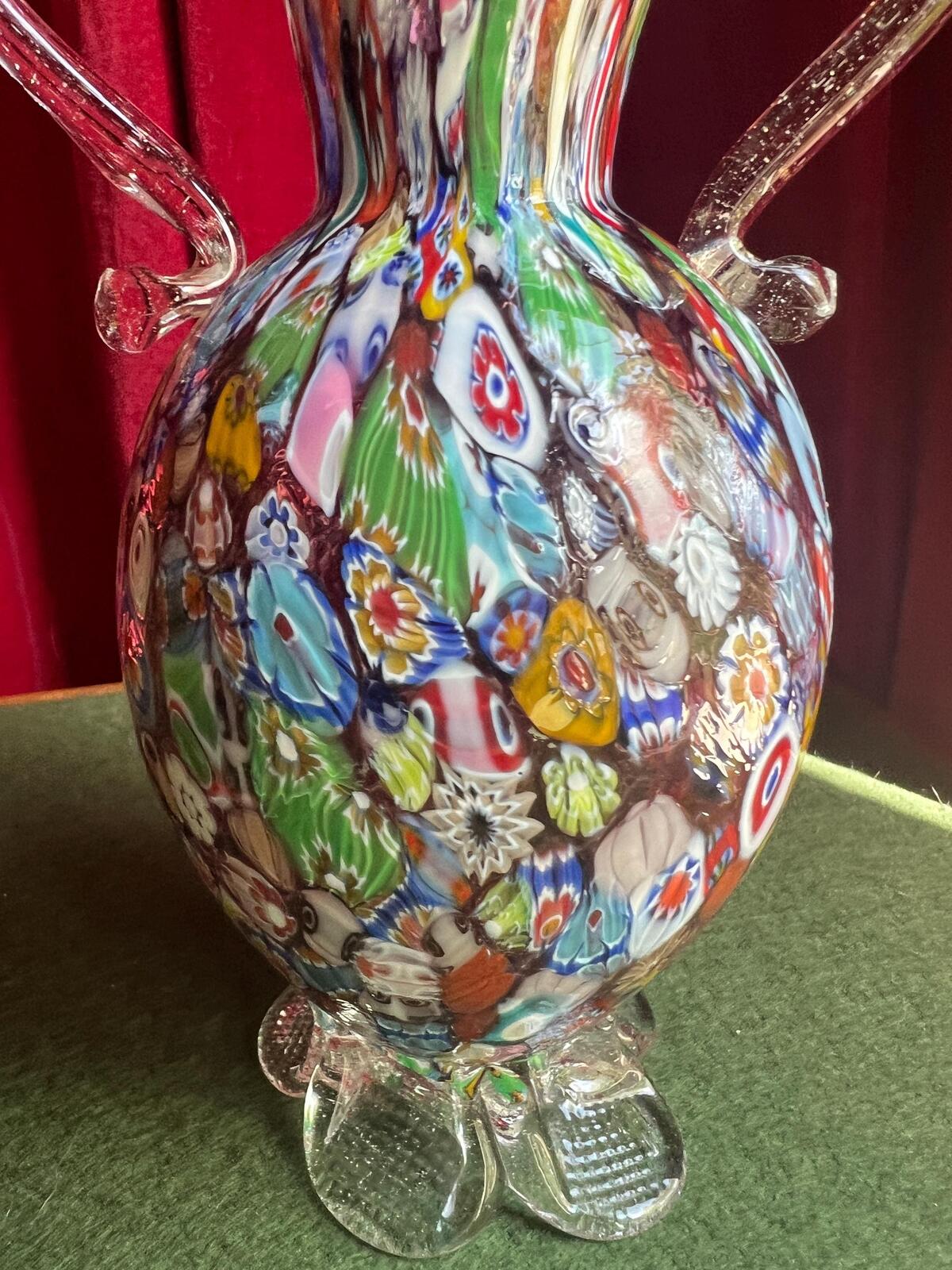 Vintage Murano art glass vase. Tutti Fruit twin handled millefiori. In the style of Fratelli Toso.. Art glass collector gift.