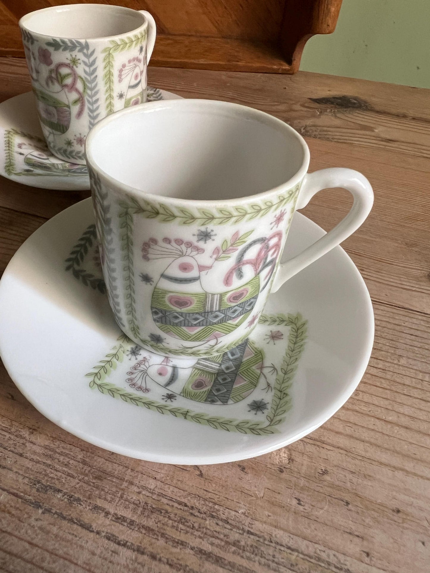 Set of 6 espresso cups saucers. Retro Pink green quirky rooster design. Marked Porzellan.