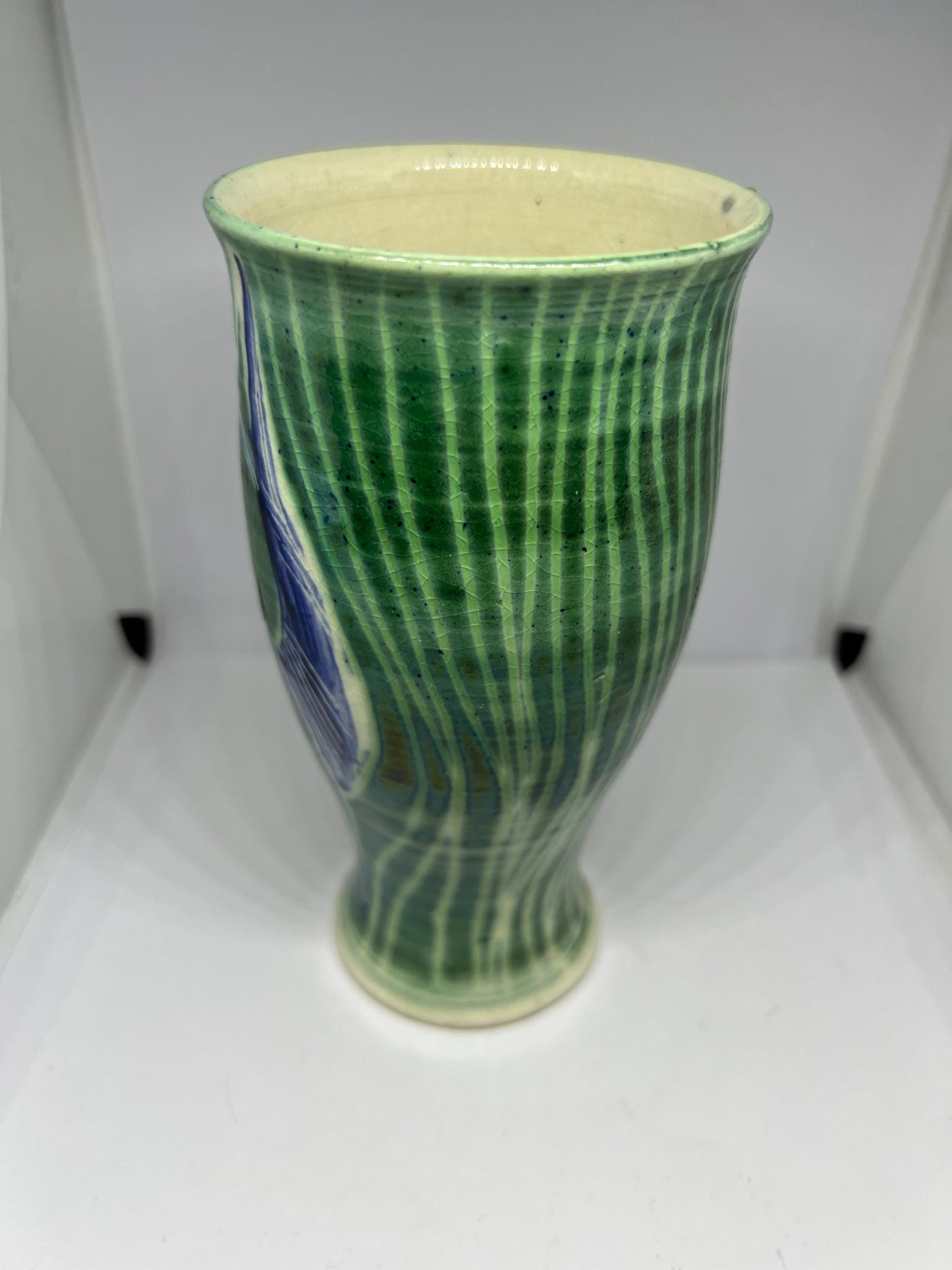 Studio pottery flower vase Green glaze hand decorated fish design Stamped Pauline's Pottery Handmade.