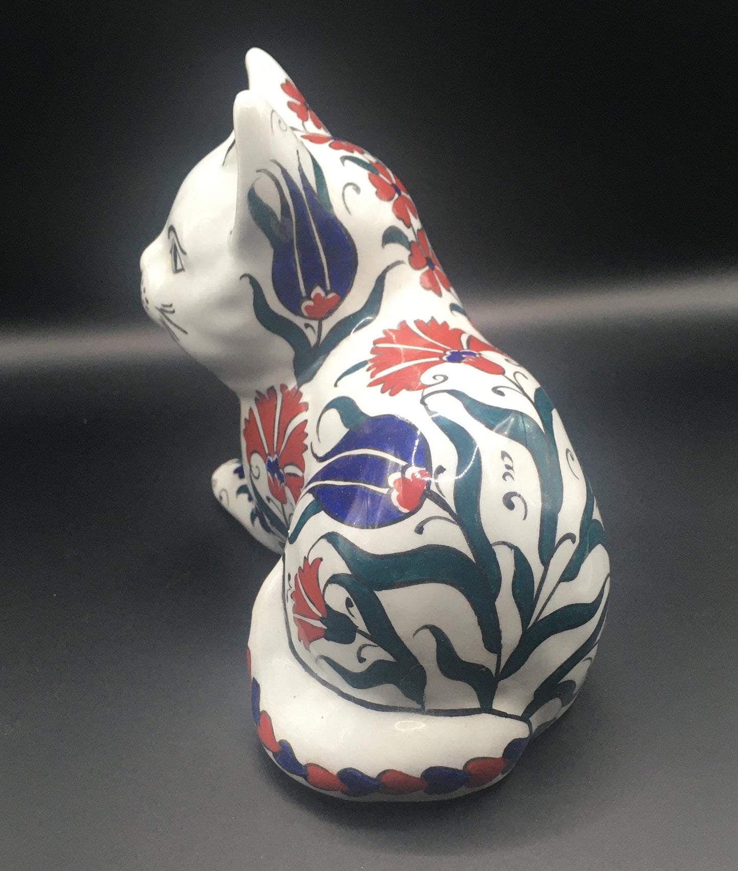 Pair of ceramic hand painted floral playful cat figurines. Signed Hand Made Türkiye.