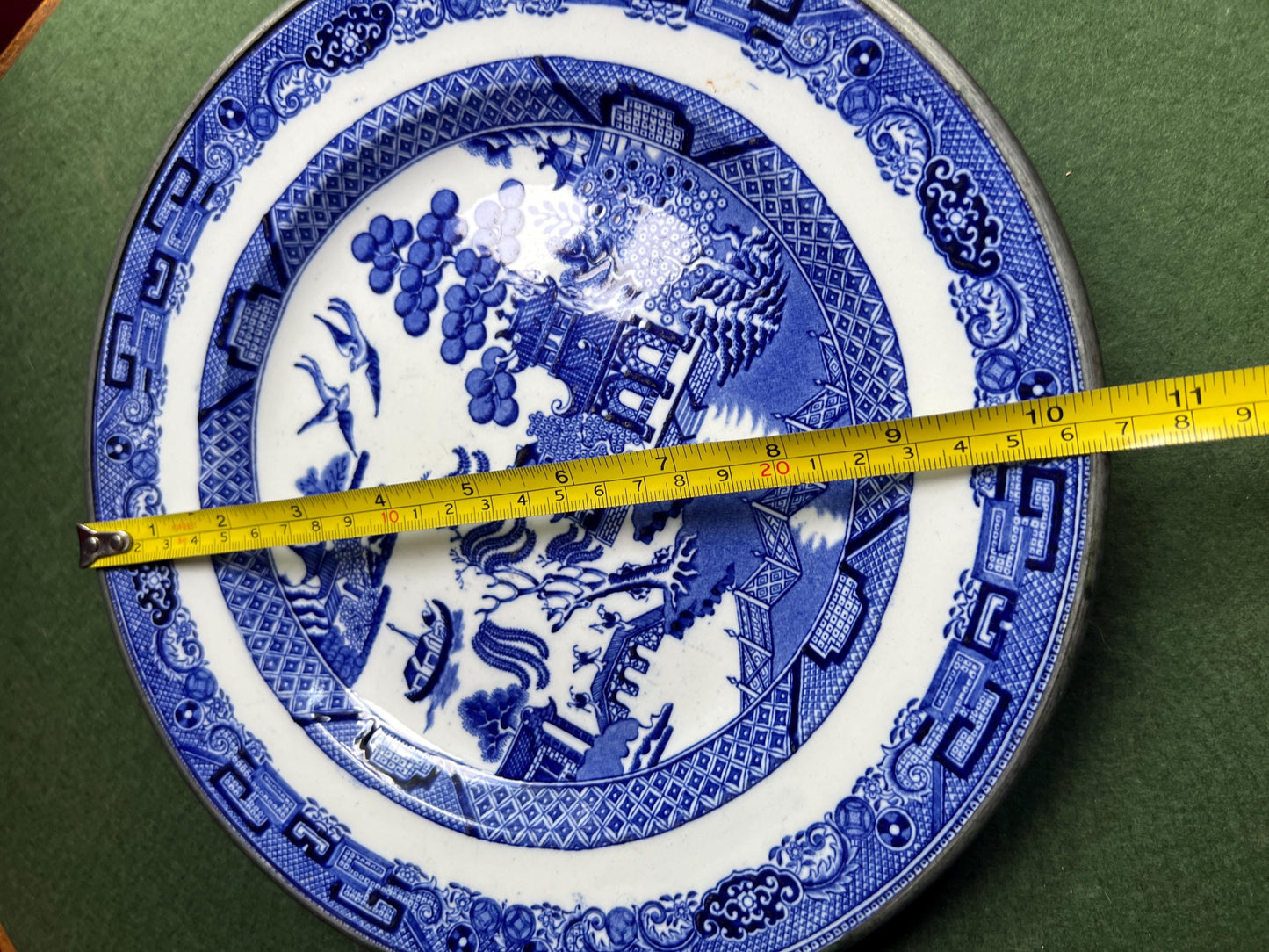 Vintage antique warming plate Blue willow design copper backed hollow plate.
