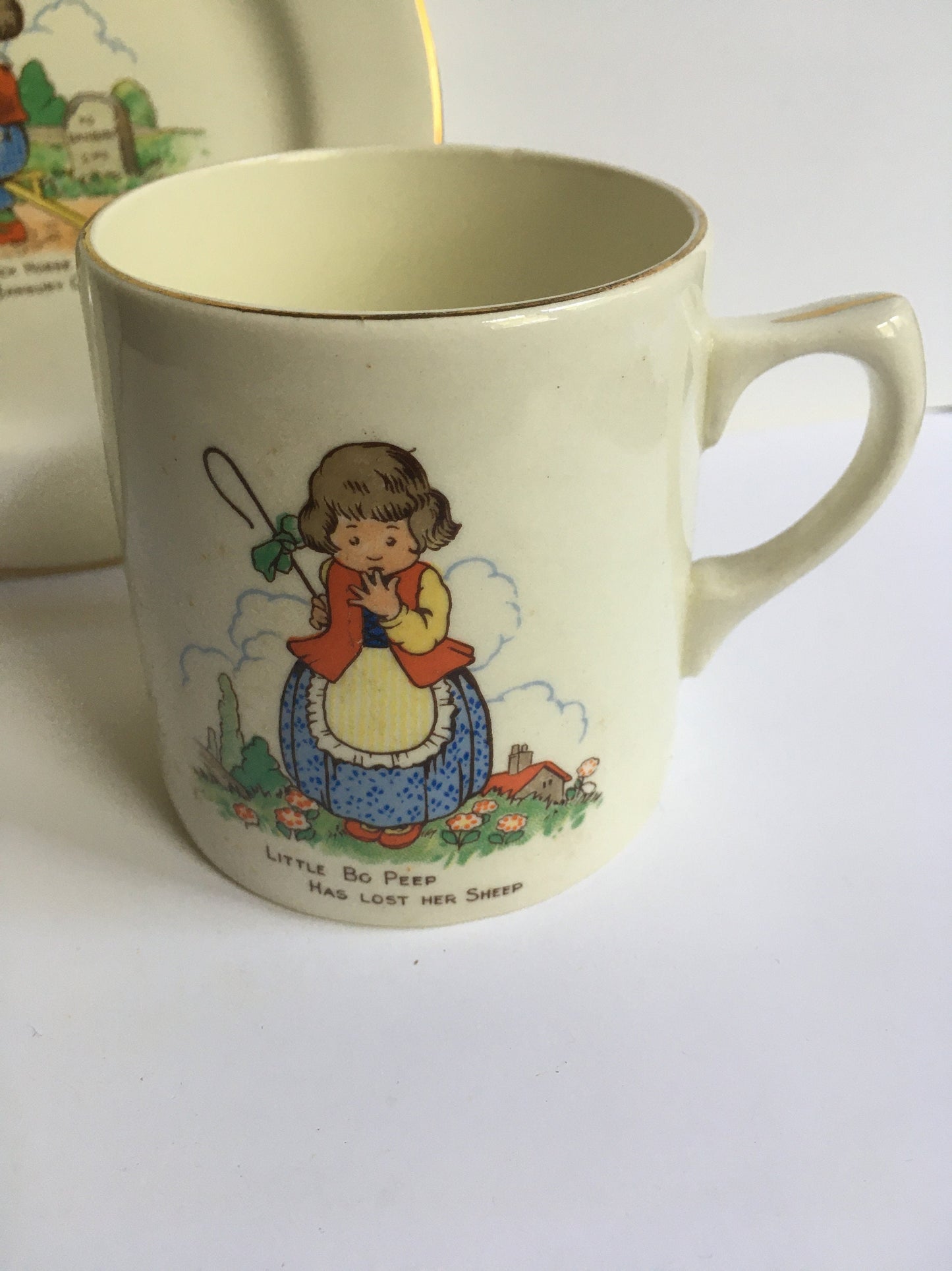 Beautiful Vintage Child's breakfast set. Ducal ware child's cup and plate set. Little Bo Peep and Ride a Cock Horse illustrations.