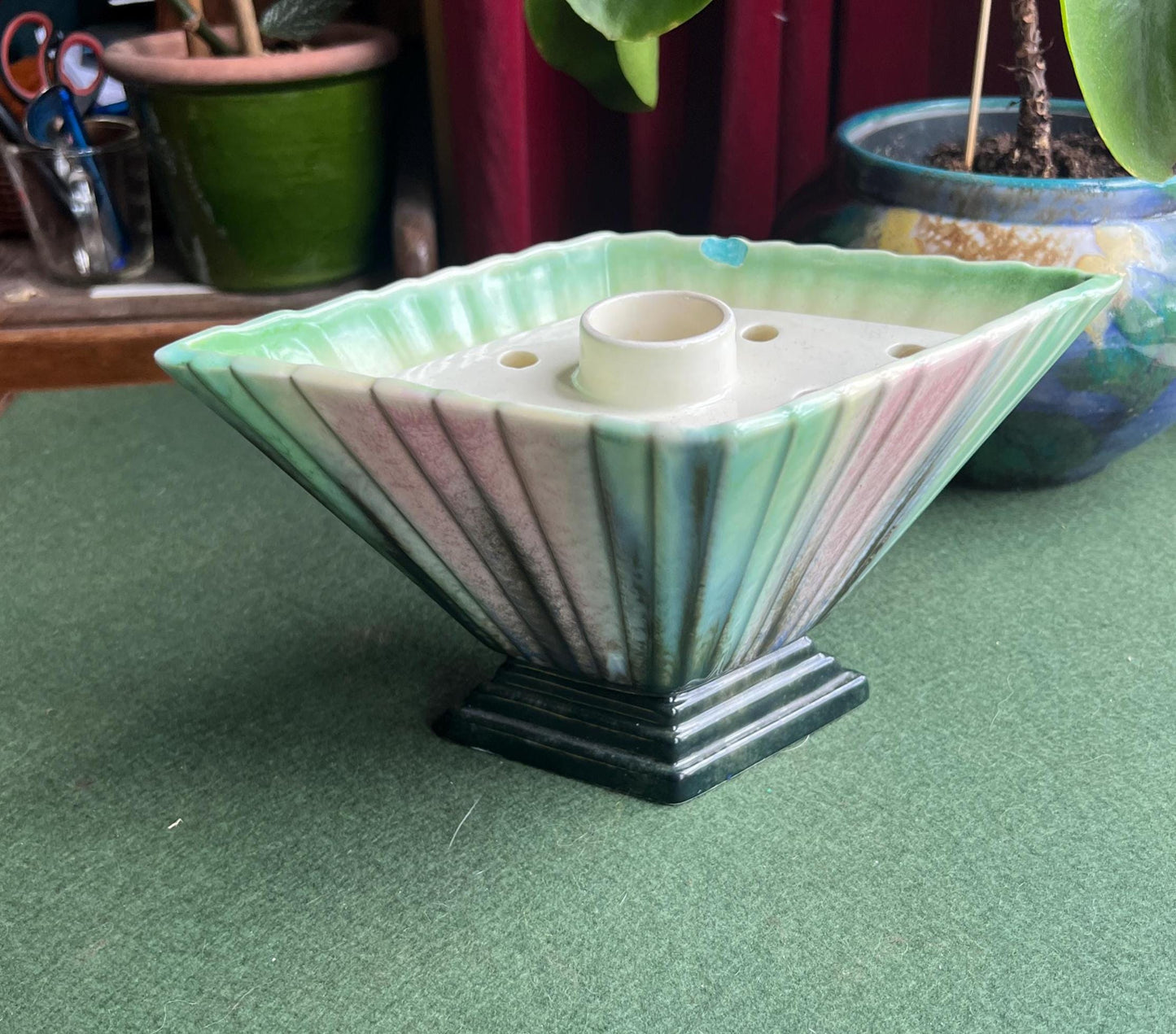 Art Deco Sylvac diamond vase with flower frog. Pink green glazed Stamped 898