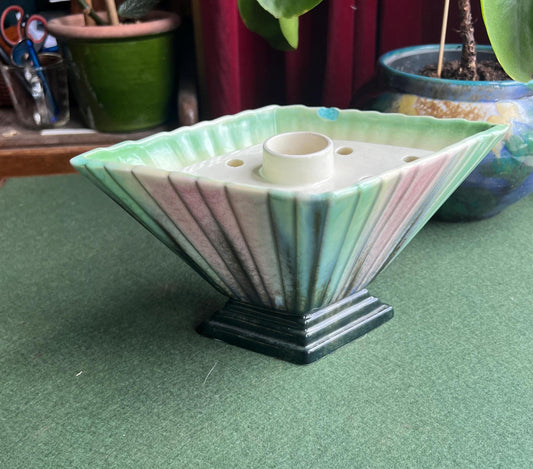 Art Deco Sylvac diamond vase with flower frog. Pink green glazed Stamped 898