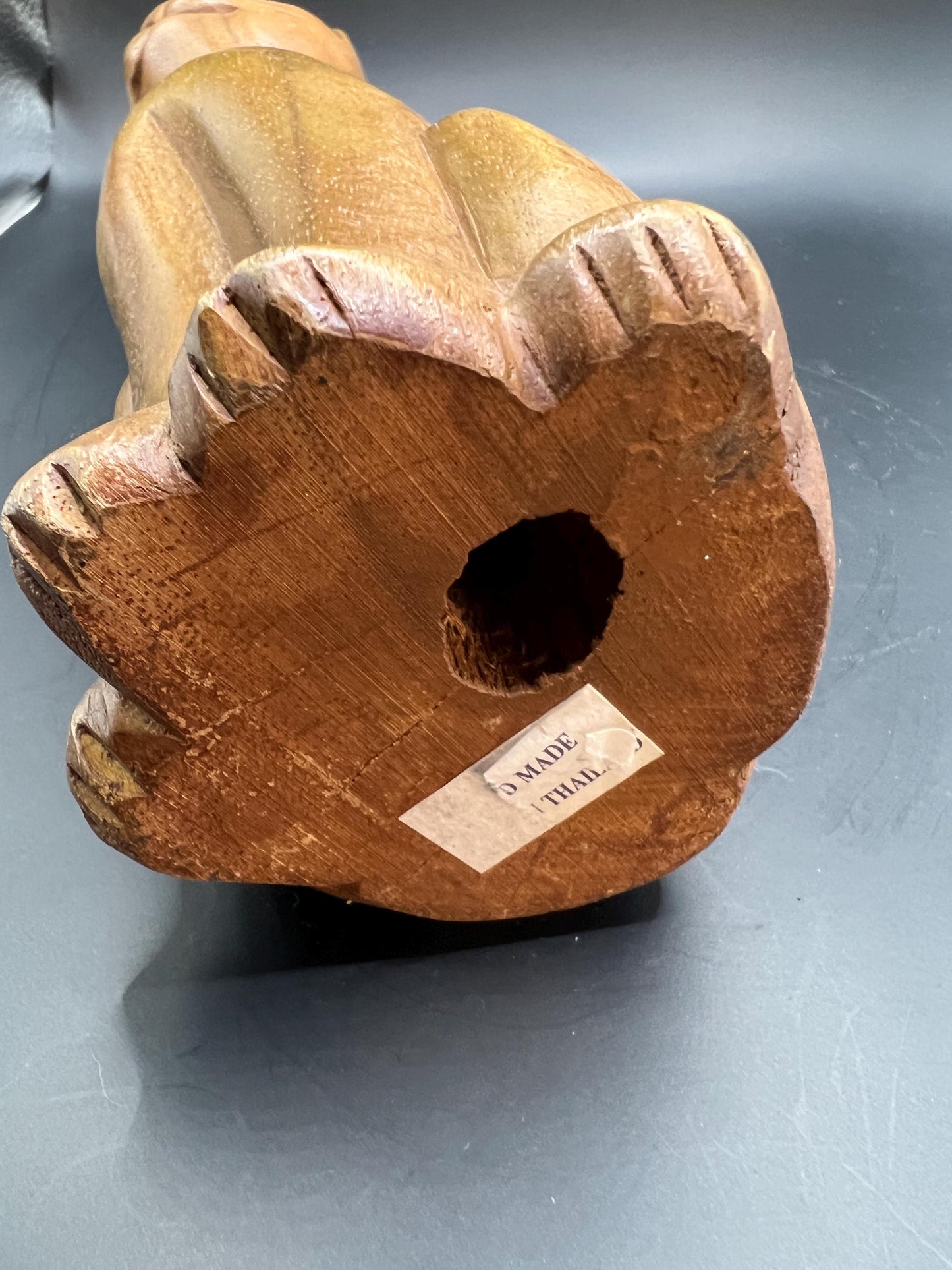 Hand carved wooden cat figurine. Made in Thailand.