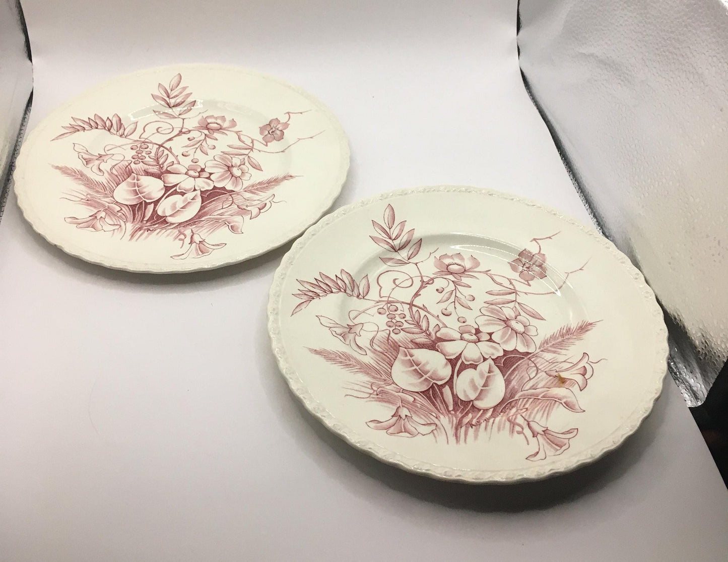 2 side cake plates. Pink floral design. Stamped Myott Son & Co England 590.