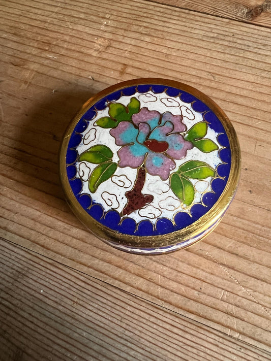 Cloisonne trinket box Lidded floral enamel brass pill box.