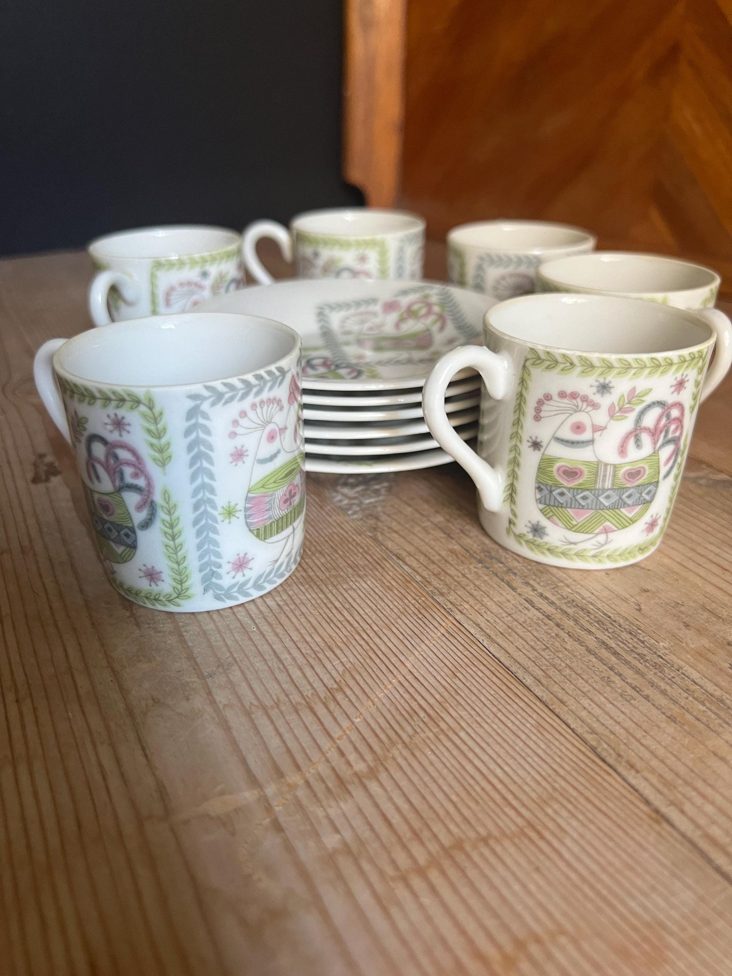 Set of 6 espresso cups saucers. Retro Pink green quirky rooster design. Marked Porzellan.