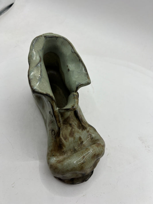 Quirky Studio pottery old boot planter. Signed. Grey green brown glaze.