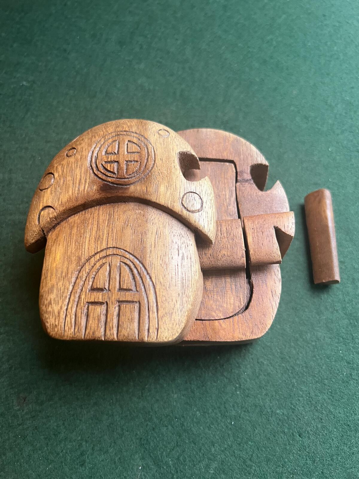 Vintage Handcrafted sheesham wood mushroom puzzle box with hidden compartment.