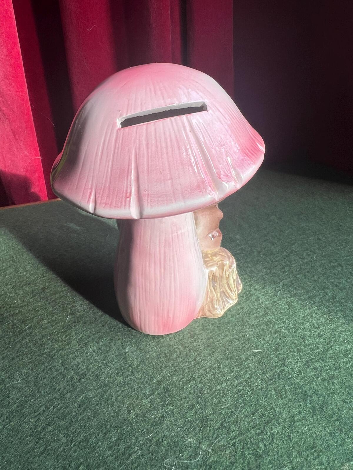 Quirky Squirrel money bank. Kitsch anthropomorphic squirrel sitting under a pink mushroom. MC decor.