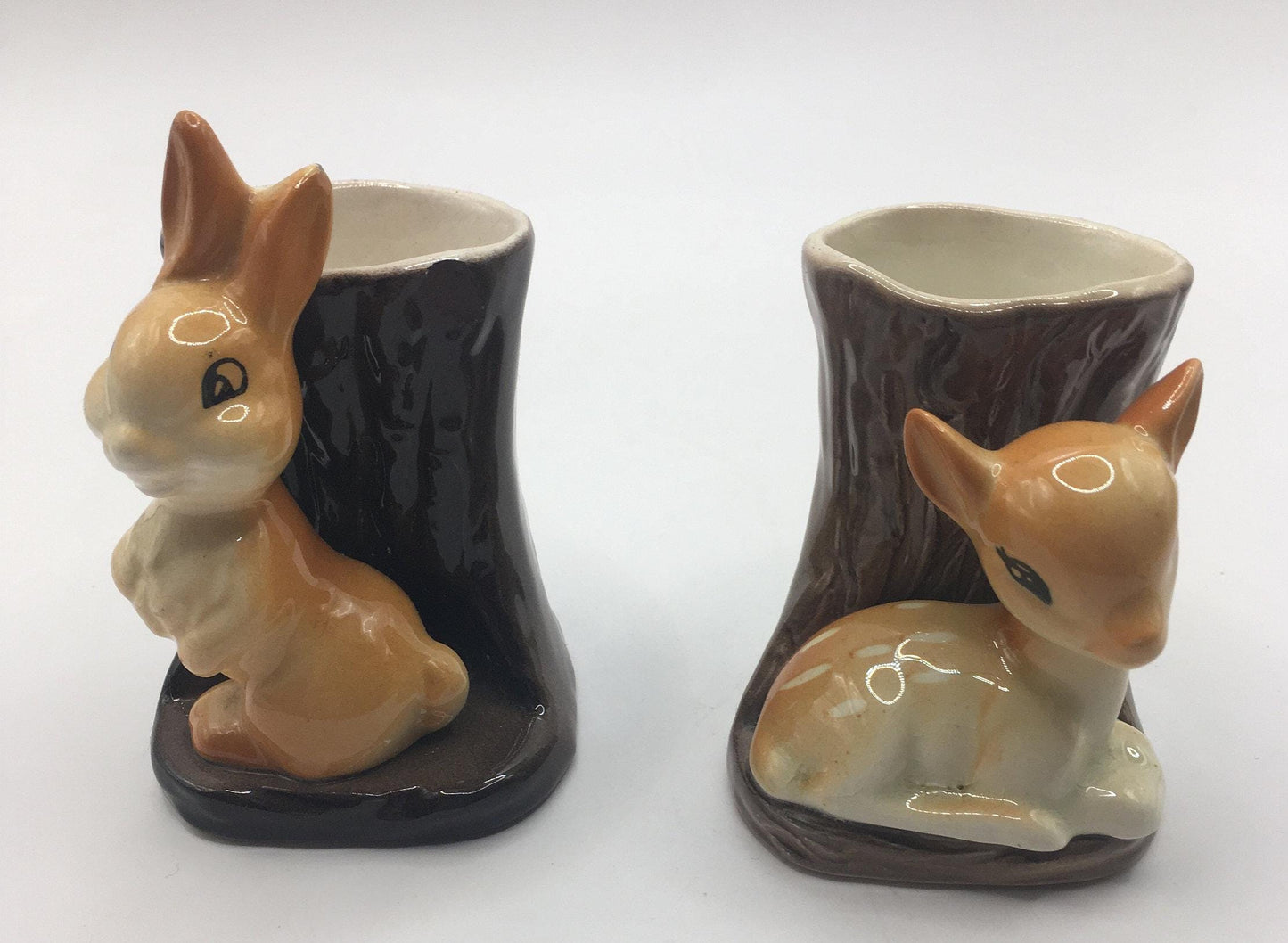 Hornsea pottery bud posy vases. Rabbit and baby deer by tree stumps. 2 available.
