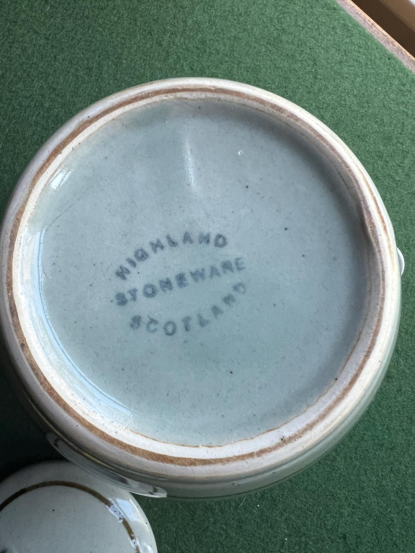 Pot bellied celadon glazed tea coffee pot. Speckled duck egg blue. Stamped Highland Stoneware Scotland.