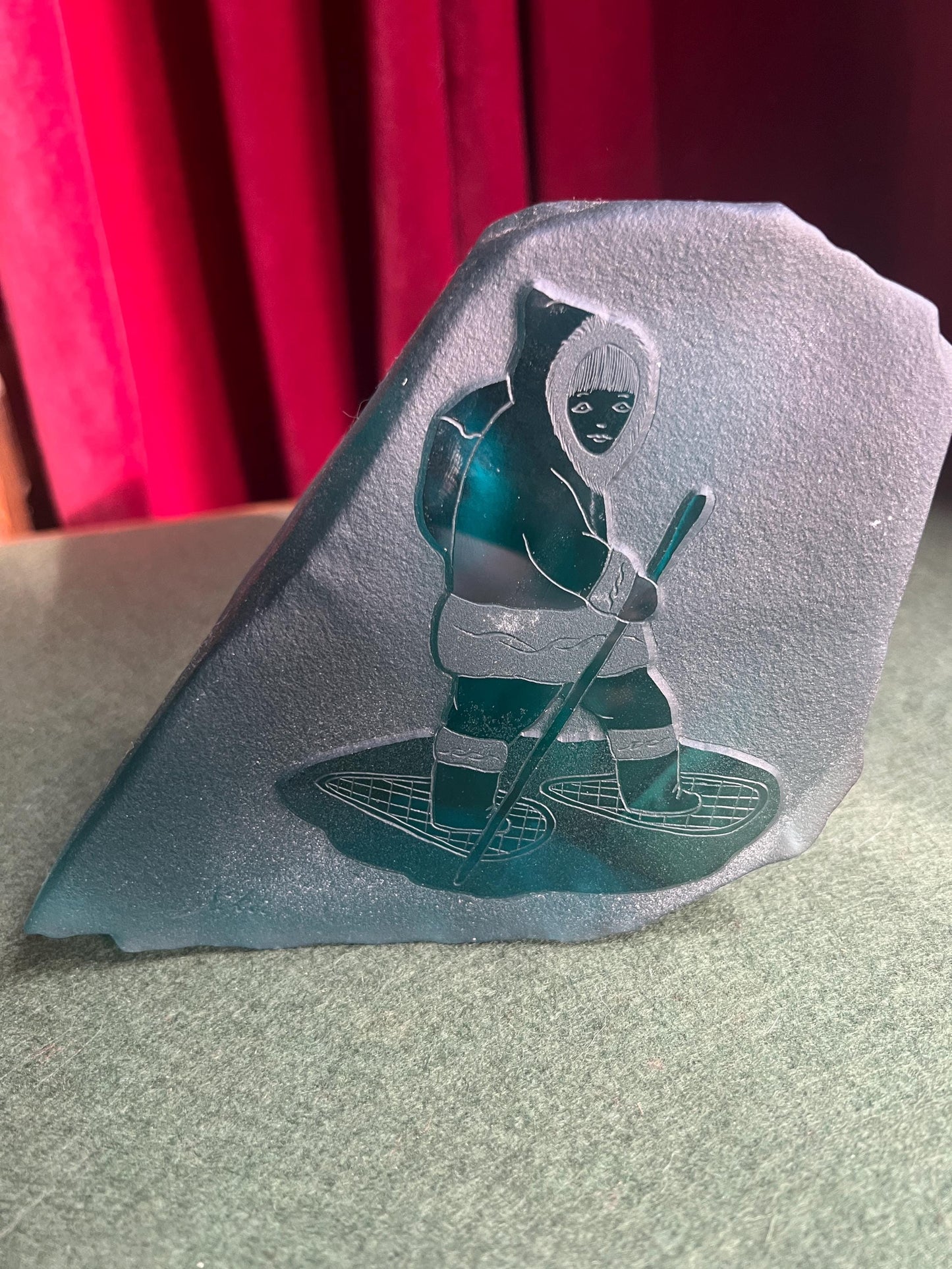 Siku Signed Native Inuit Frosted Etched Art Glass Sculpture Paperweight. Blue sea glass Canadian folk art.