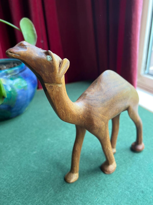 Vintage camel figurine. Wooden hand carved camel. Teak glass eyed dromedary camel statue. MCM wooden home decor Camel lover gift.