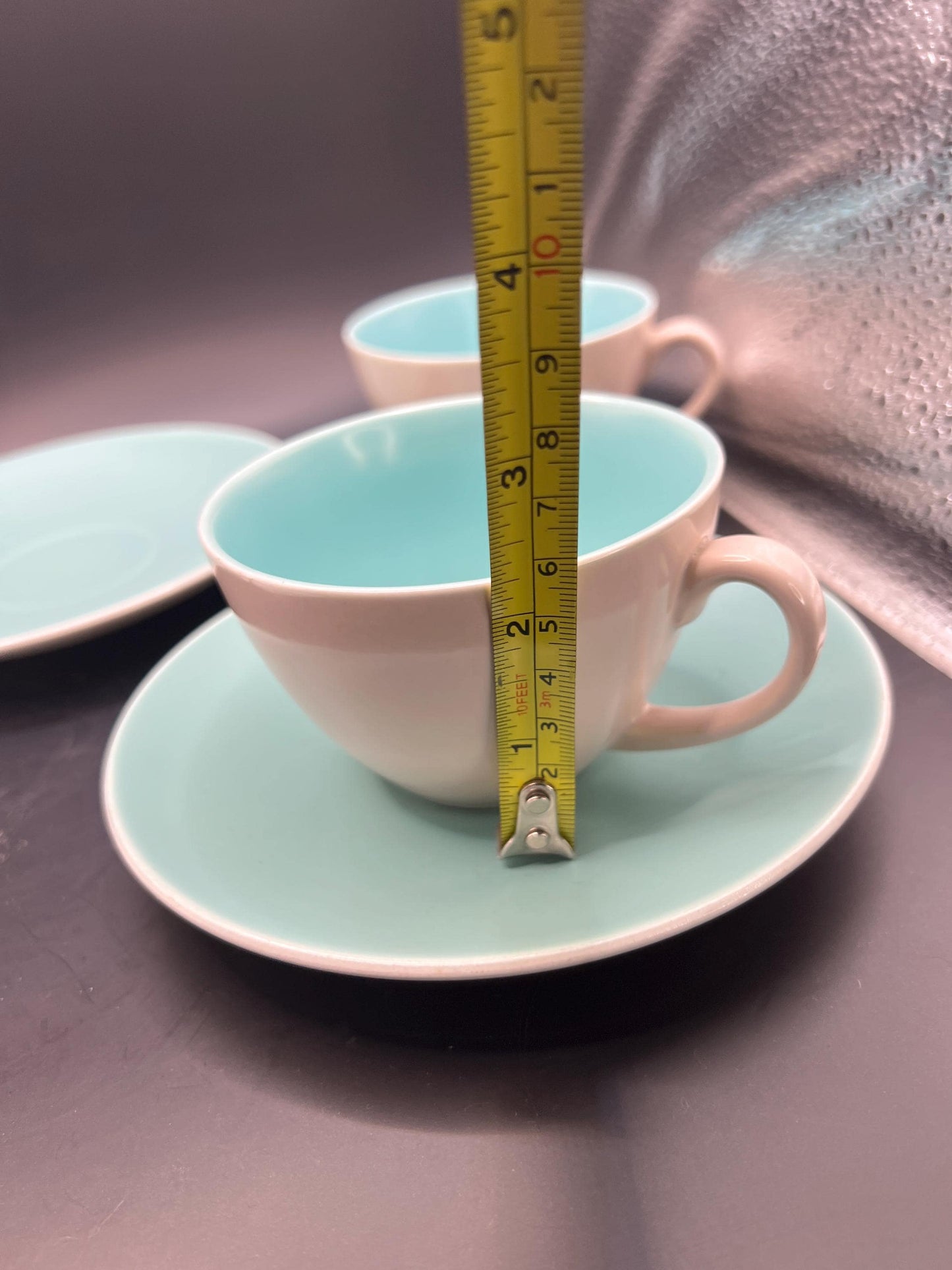 Poole pottery Ice green mushroom twintone ceramic cups matching saucers. 3 available.