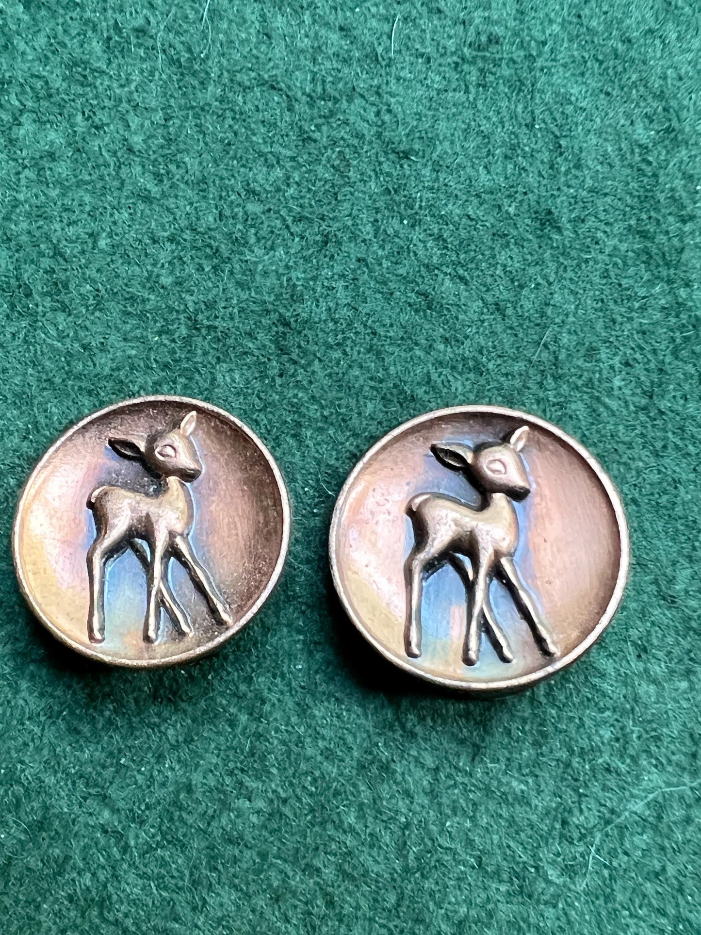 Vintage copper earrings. Clip on round deer foal earrings.