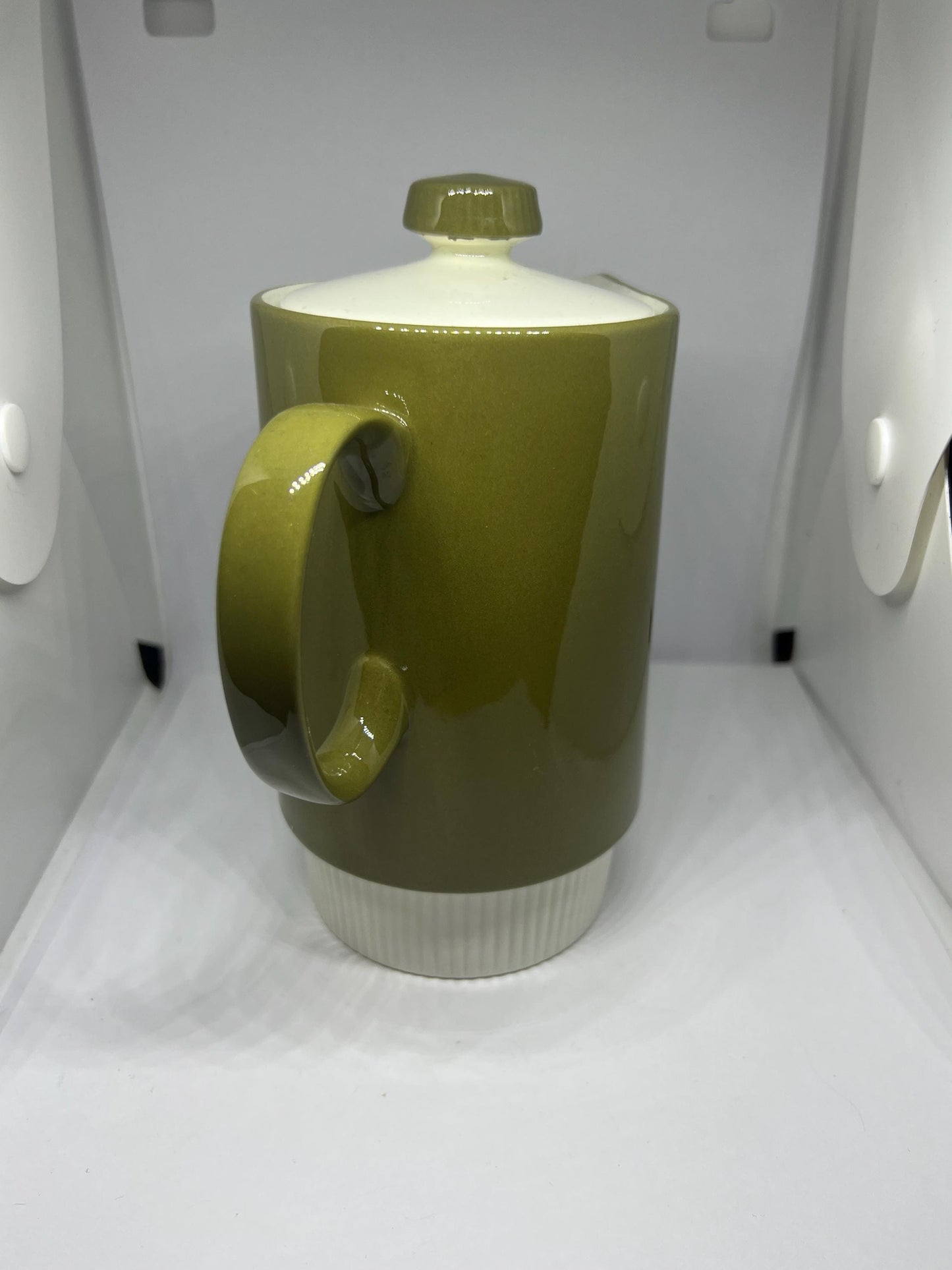 Vintage Poole Pottery coffee pot teapot. Olive green and cream ceramic compact lidded coffee tea chocolate pot.