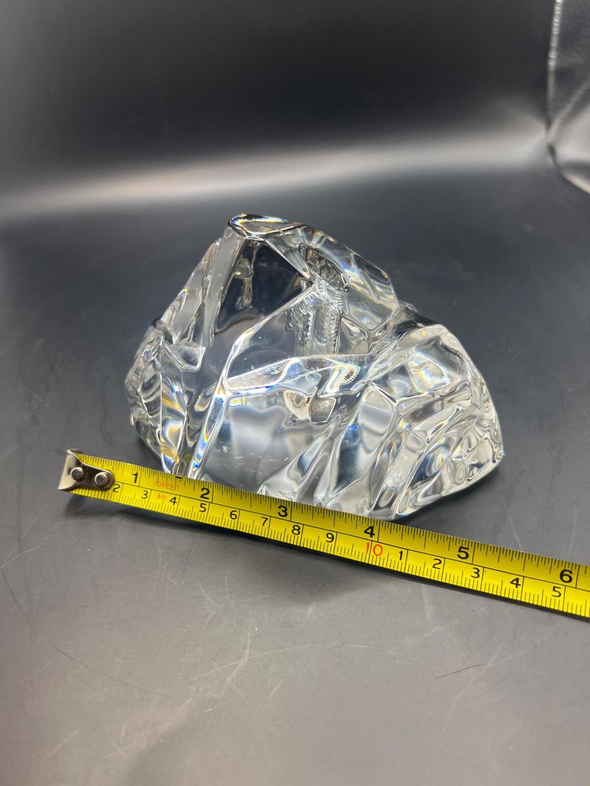 Crystal iceberg paperweight with pen bud hole. Solid clear Val St Lambert style glass sculpture.