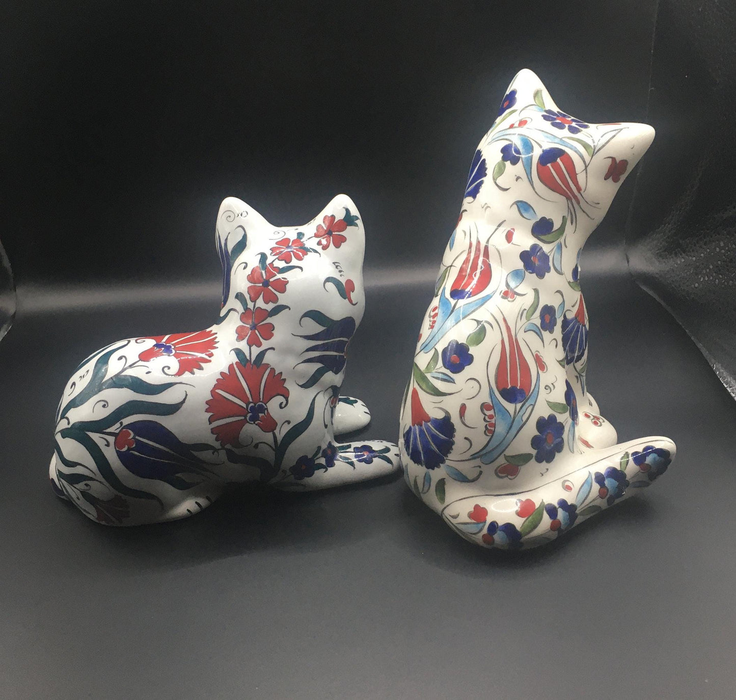 Pair of ceramic hand painted floral playful cat figurines. Signed Hand Made Türkiye.