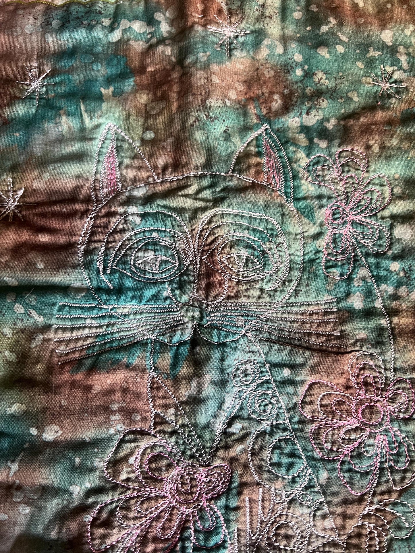 Unique wall hanging stylised cat on tie dyed fabric Wall art decor