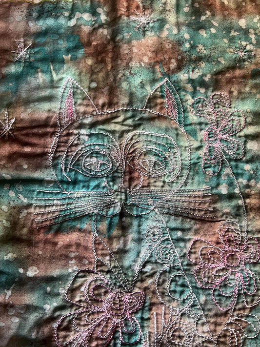 Unique wall hanging stylised cat on tie dyed fabric Wall art decor