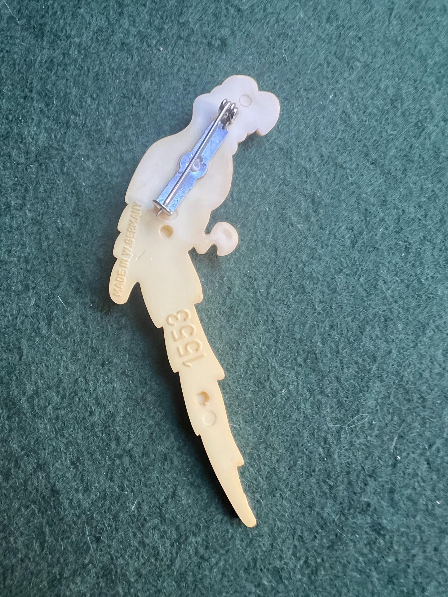 Vintage parrot brooch with Rhinestone eye. 1960s Stamped Made in W Germany 1553.