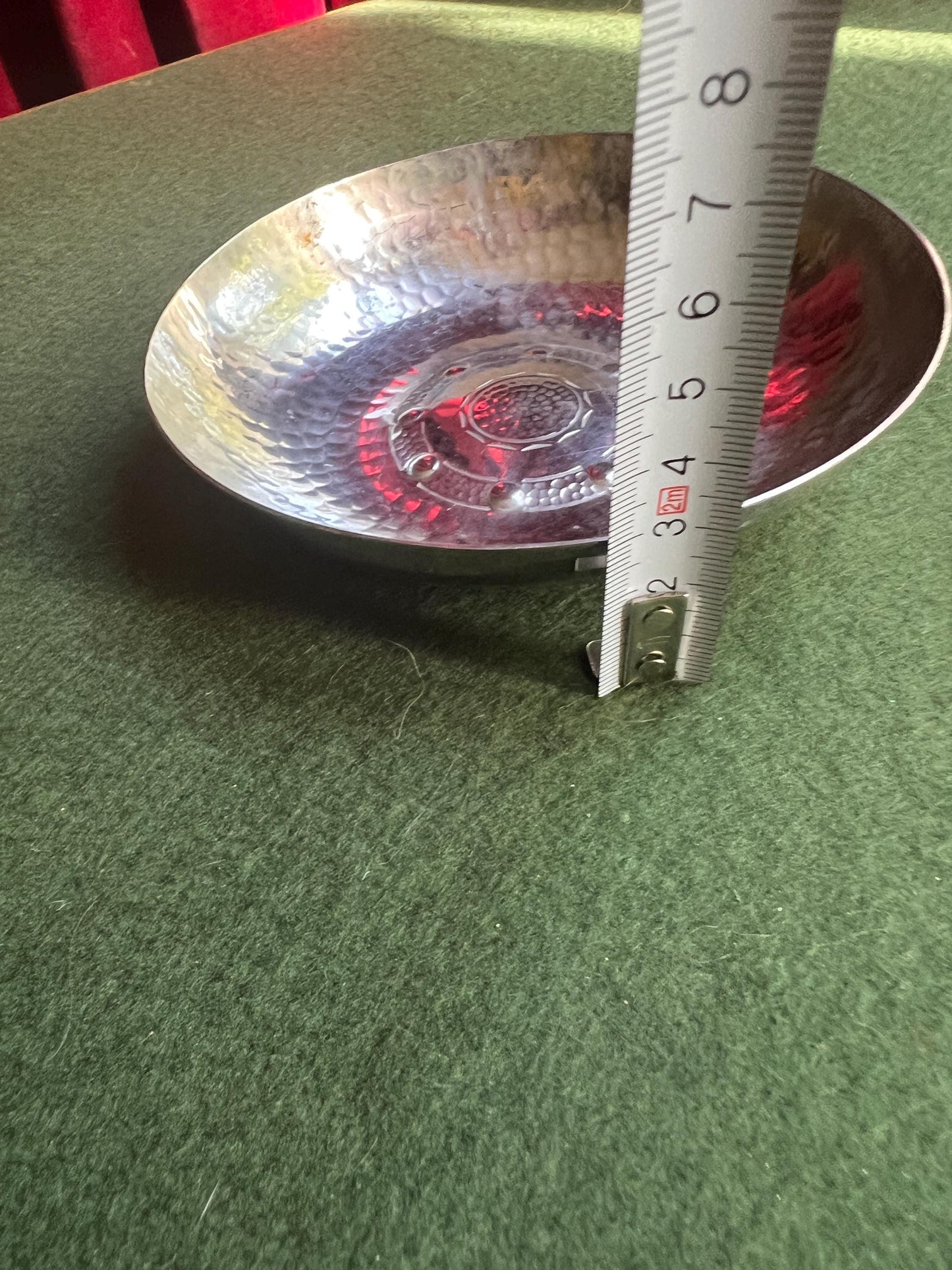 Arts and Crafts movement key coin dish. Trinket pin dish console. Stamped Borrowdale Hand beaten Stainless steel. Lakeland Rural Industries.