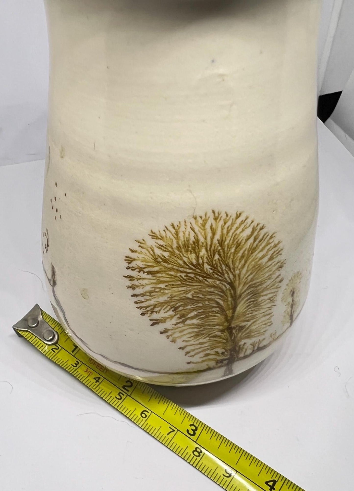 Mocha ware lidded pot Cream glaze with tree design detail in the style of Vanessa Waller.