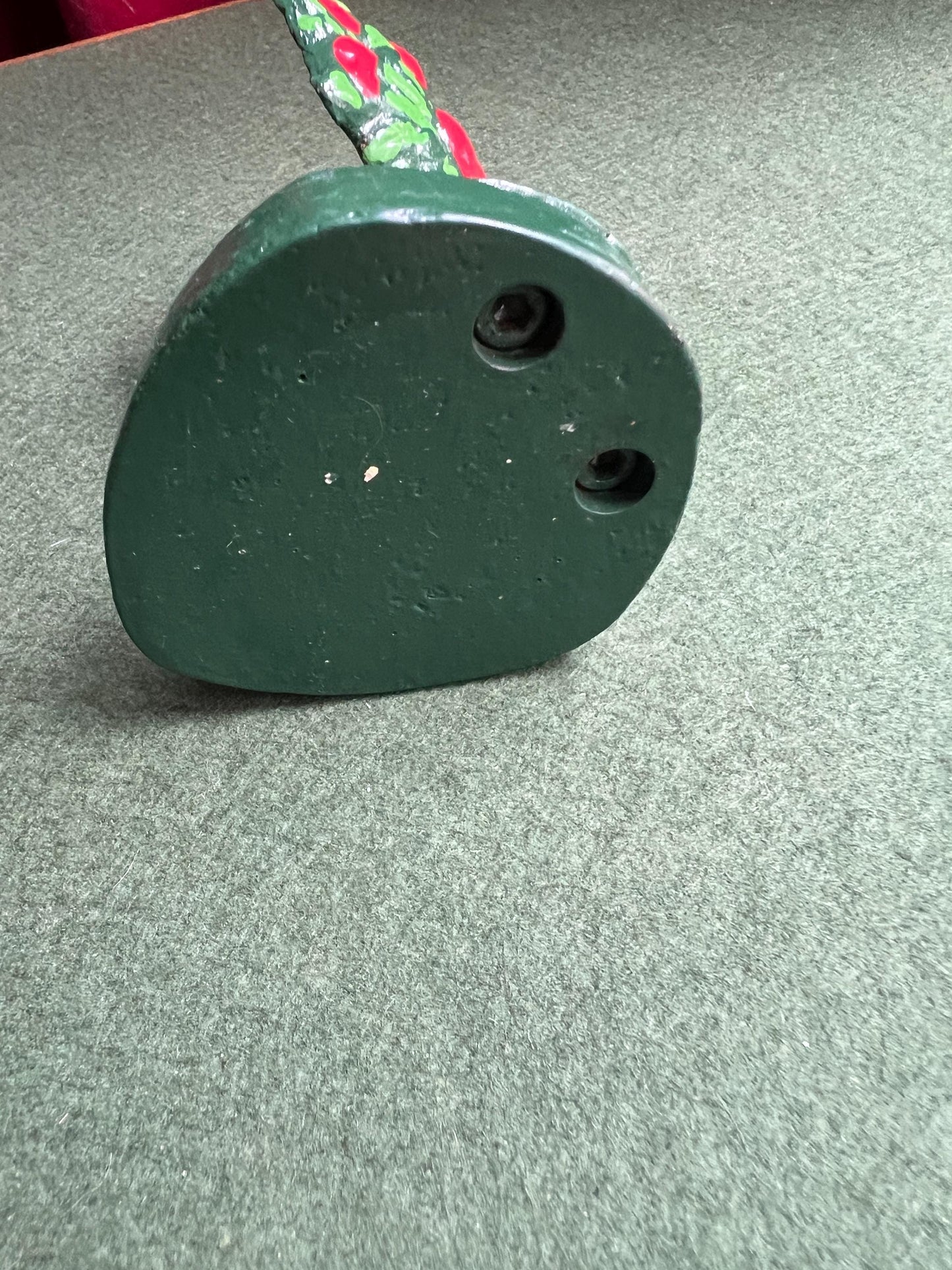 Vintage cast iron door stop. Hand painted red green Apple tree door wedge.