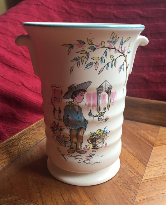 Utensil holder vase. Vintage Kitsch Crown Ducal Ware Petit Pierre Market scene.