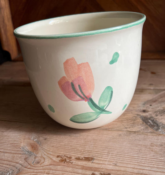 Vintage ceramic plant pot. White ceramic with hand painted pink tulip design.