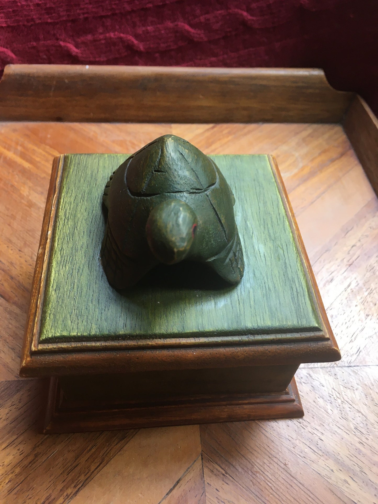 Hand-carved tortoise-lidded square wooden box. Made in Thailand.