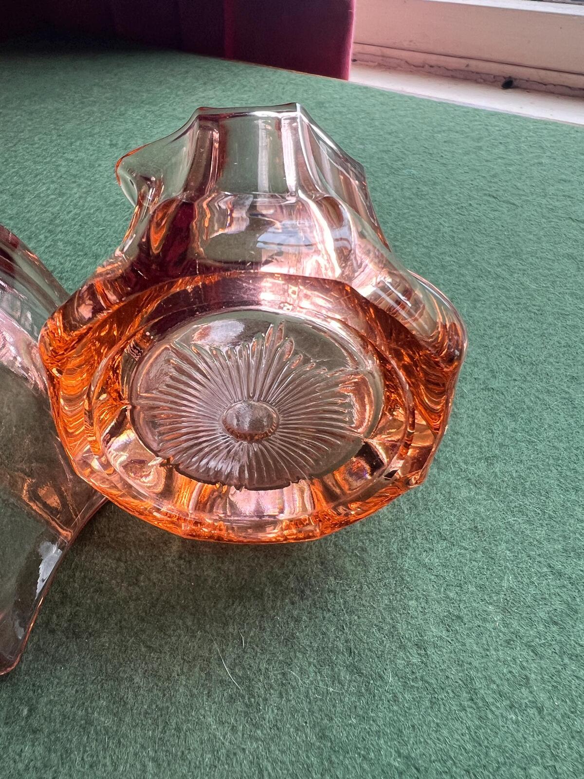 Vintage Art Deco pink depression glass creamer sugar set. Glass collector gift.