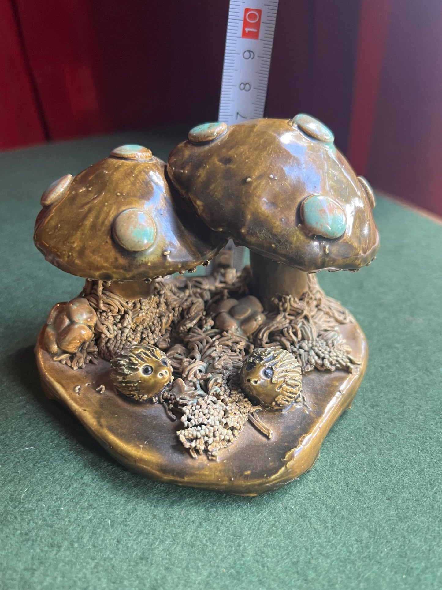 Studio pottery toadstools and hedgehogs figurine. Signed by artist YD MA UK. Yare Designs Norfolk.