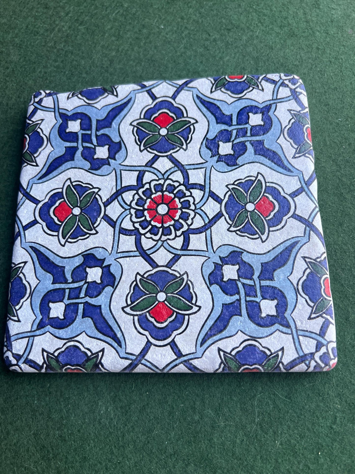 Ceramic Chalkware decorative tile Islamic art style trivet Stamped makers mark Greece.