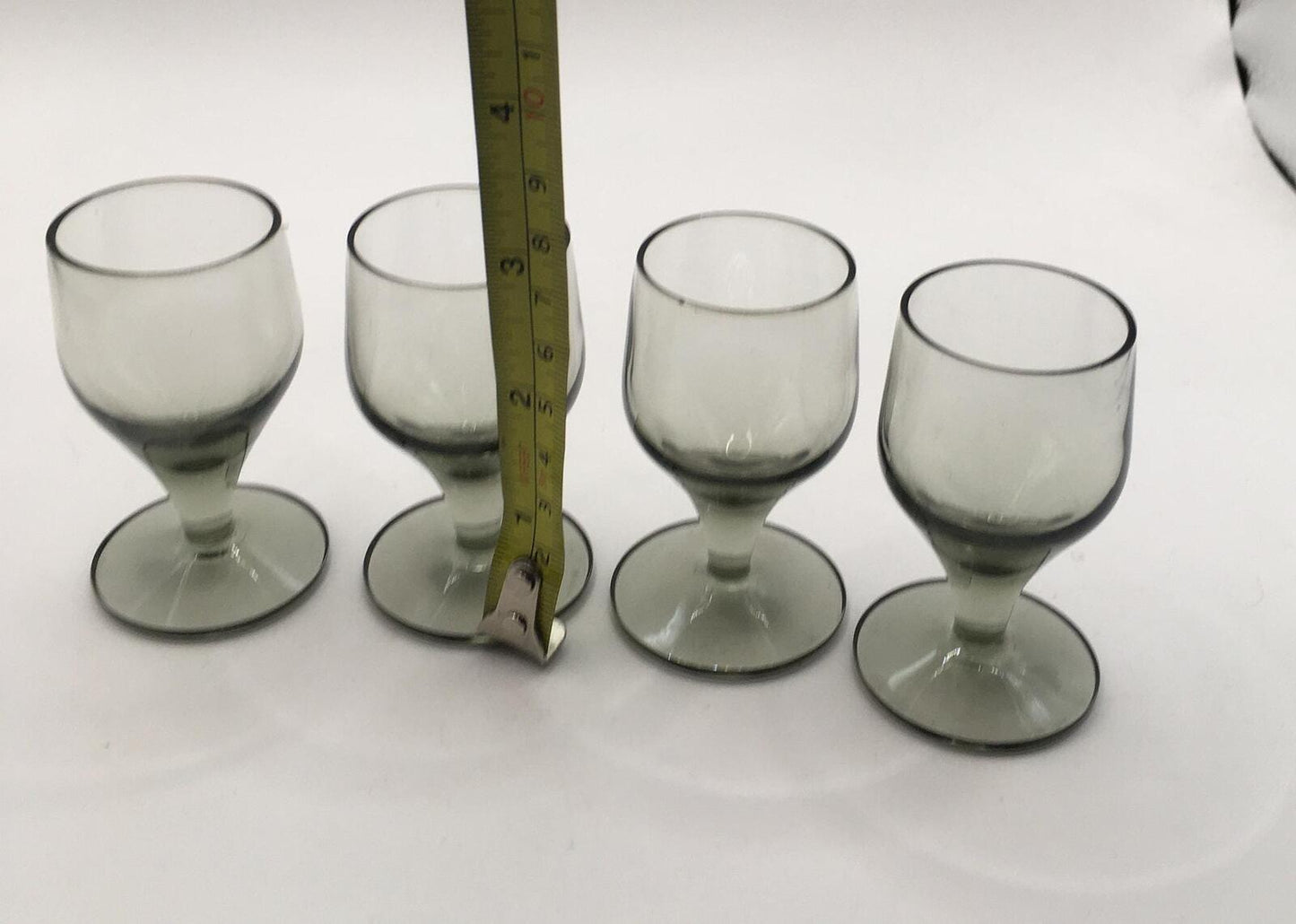 Set of 4 smoky grey sherry port glasses. Mid Century Modern Bar ware.