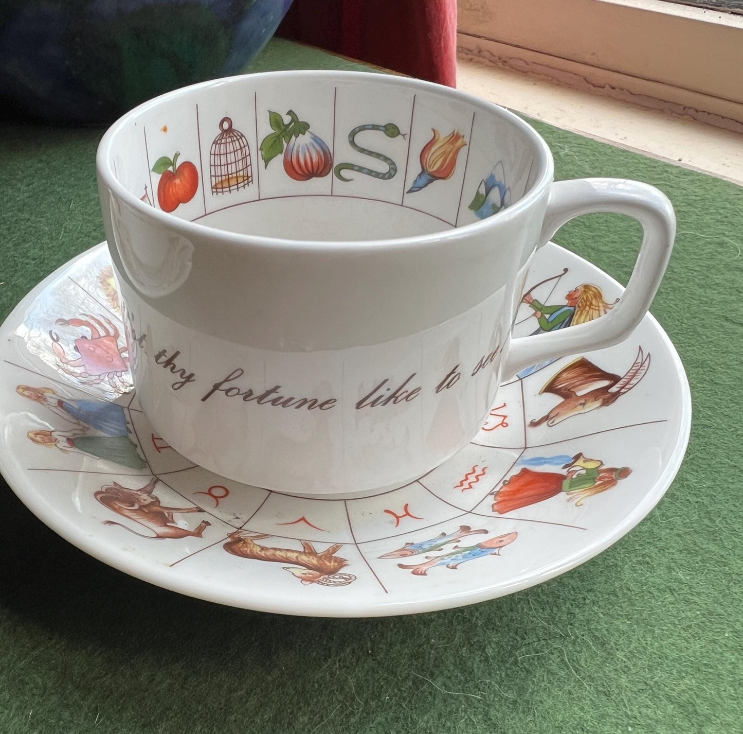 Vintage Fortune Telling Zodiac tea cup. Stamped Royal Kendal Fine Bone China 1985. 2 Available sold separately.