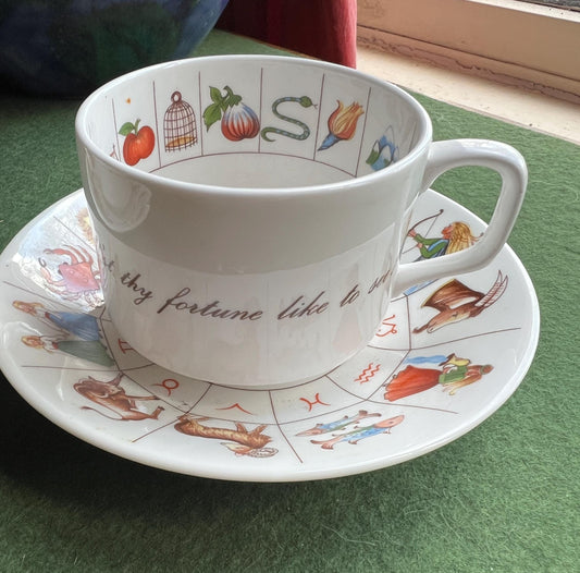 Vintage Fortune Telling Zodiac tea cup. Stamped Royal Kendal Fine Bone China 1985. 2 Available sold separately.