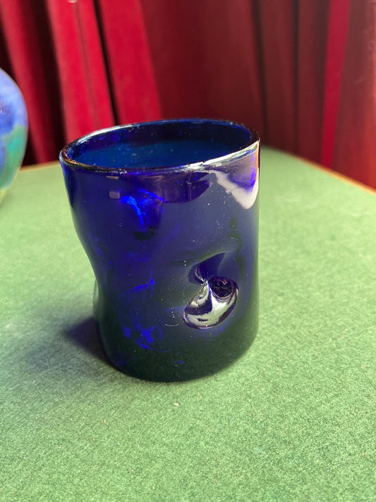 Pinched hand blown glass cobalt blue drinking glass posy vase.