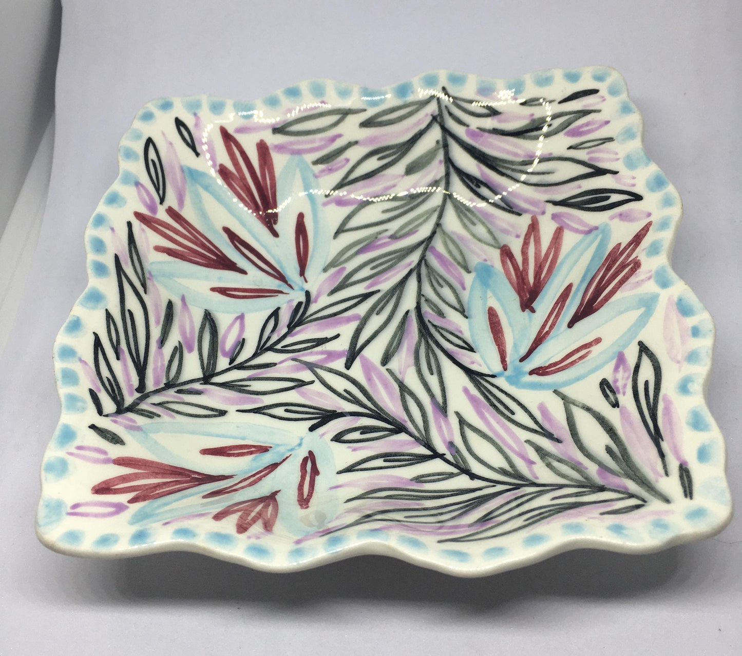 Unusual square trinket dish. WR Midwinter. Ruffled edge. Leaf pattern.