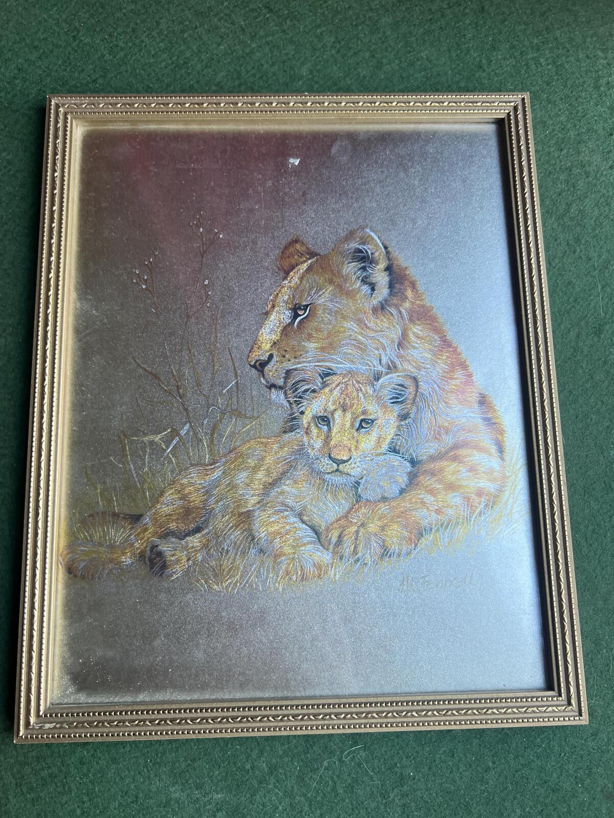 Lion and cub foil art framed picture. 1980s Retro signed M Fenelle print.